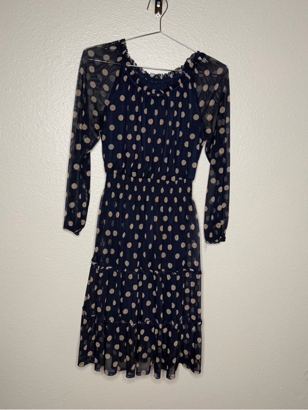 Navy Polka Dot Long Sleeve Midi Dress